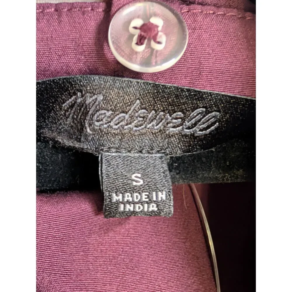 Madewell Dark Pomegranate Cotton Poplin Puff Sleeve Button-Front Tie Top Small